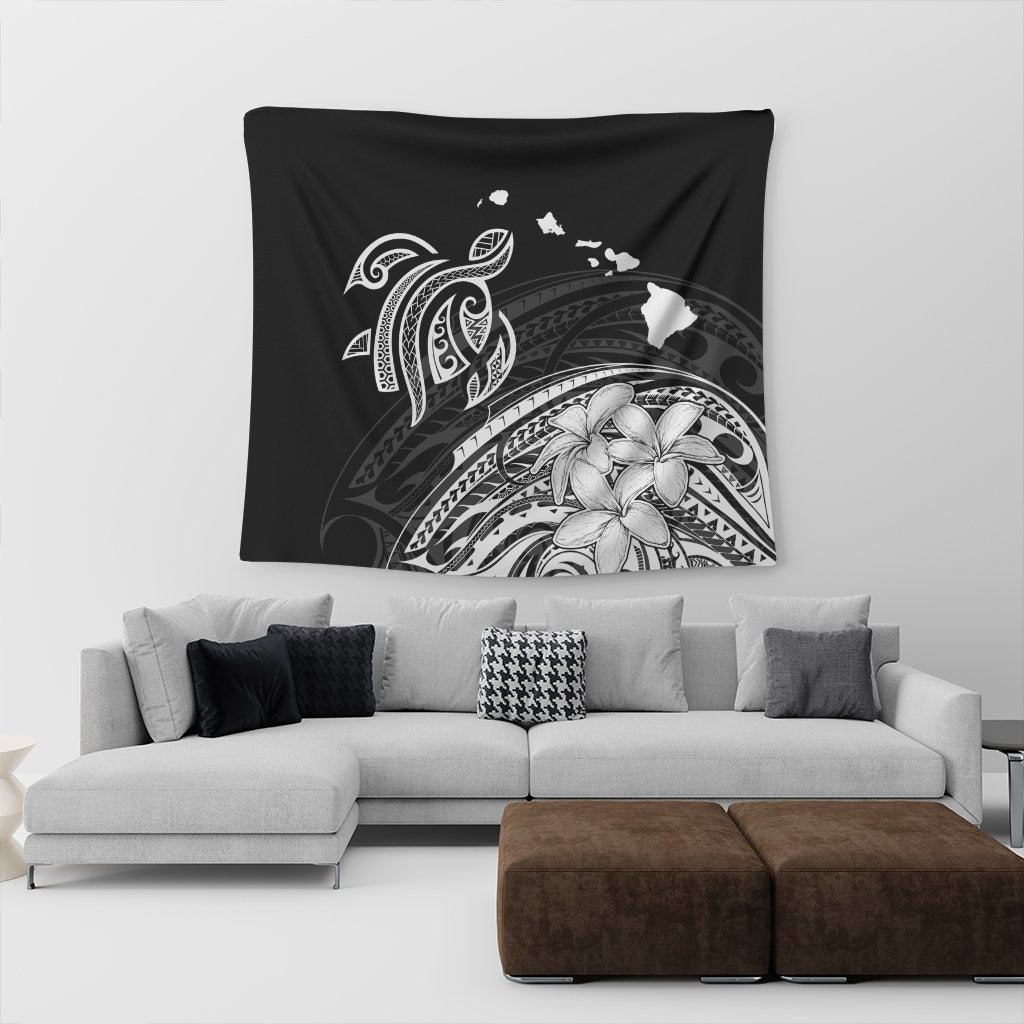 Hawaii Turtle Polynesian Map Plumeria Tapestry White - AH - Polynesian Pride