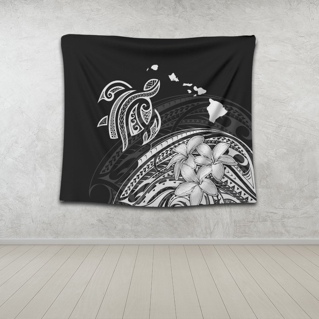 Hawaii Turtle Polynesian Map Plumeria Tapestry White - AH - Polynesian Pride