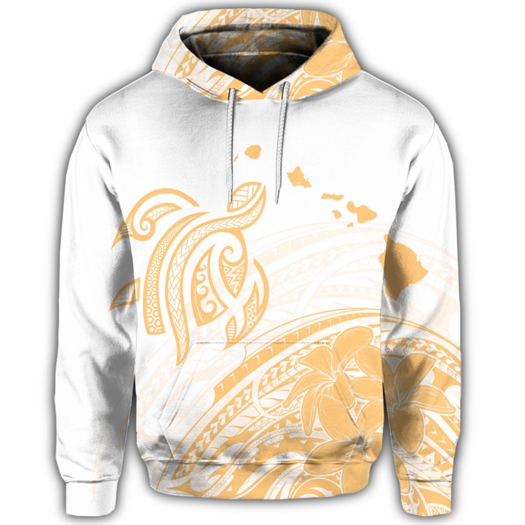 Hawaiian Turtle Polynesian Map Plumeria White Background Hoodie - Polynesian Pride