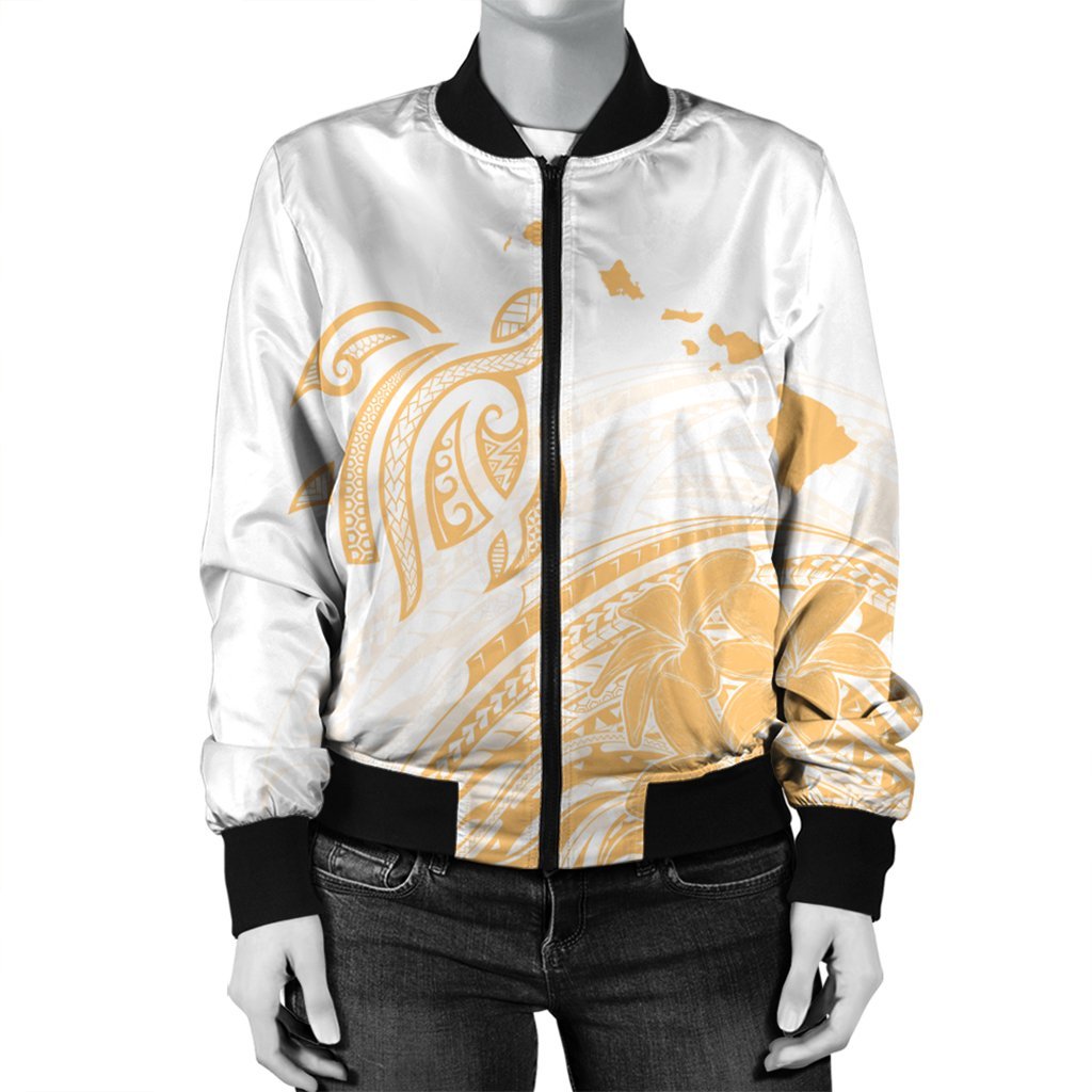 Hawaii Turtle Polynesian Map Plumeria White Background Bomber Jacket - AH - Polynesian Pride