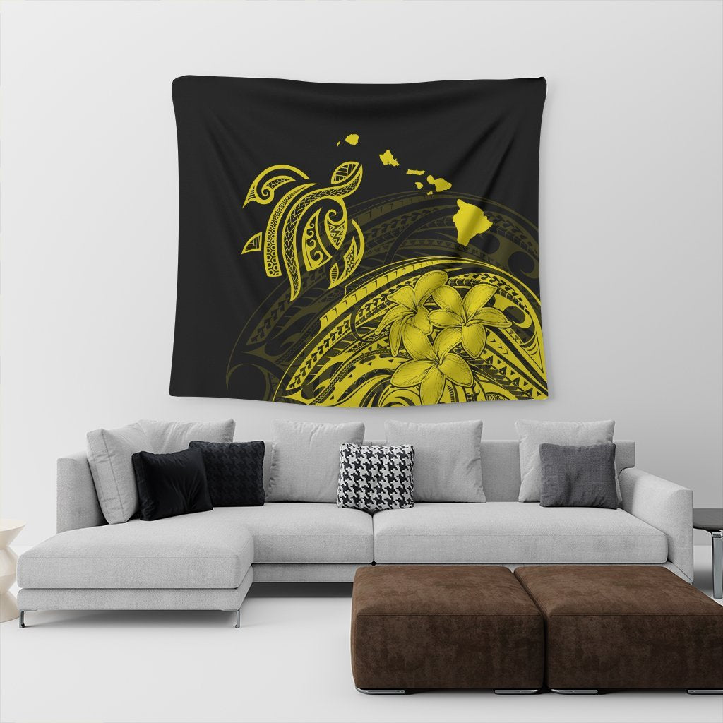 Hawaii Turtle Polynesian Map Plumeria Yellow Tapestry - AH - Polynesian Pride