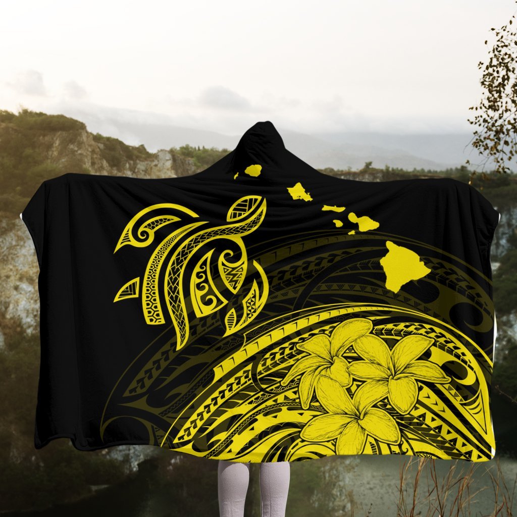 Hawaii Turtle Polynesian Map Plumeria Yellow Hooded Blanket - AH - Polynesian Pride
