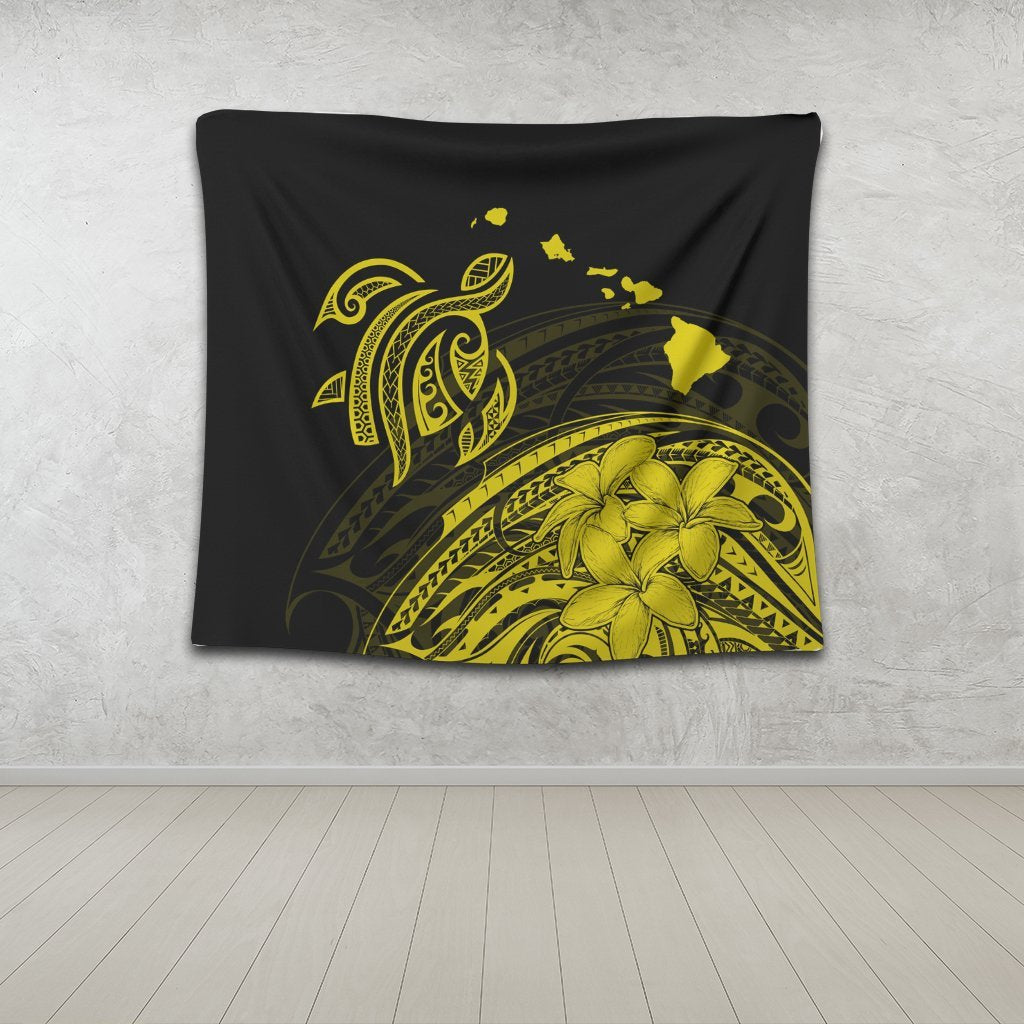 Hawaii Turtle Polynesian Map Plumeria Yellow Tapestry - AH - Polynesian Pride