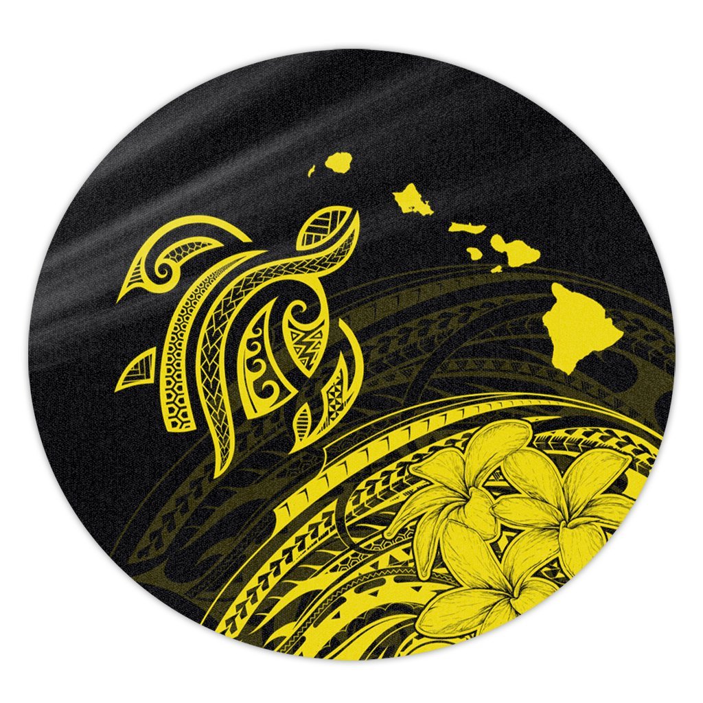 Hawaii Turtle Polynesian Map Plumeria Yellow Round Carpet - AH Round Carpet Luxurious Plush - Polynesian Pride