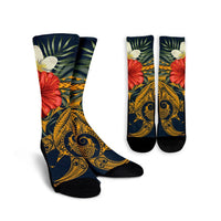Hawaii Turtle Polynesian Tropical Hibiscus Plumeria Crew Socks - AH Crew Socks White - Polynesian Pride