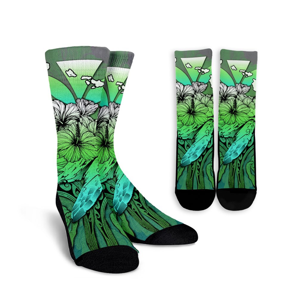 Hawaii Turtle Wave Polynesian Crew Socks - Hey Style Green - AH Crew Socks White - Polynesian Pride