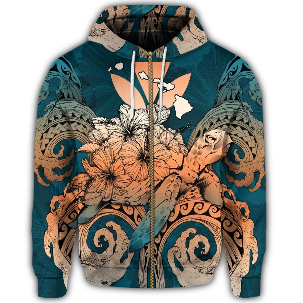 Hawaii Turtle Wave Polynesian Zip Hoodie Hey Style Orange - Polynesian Pride