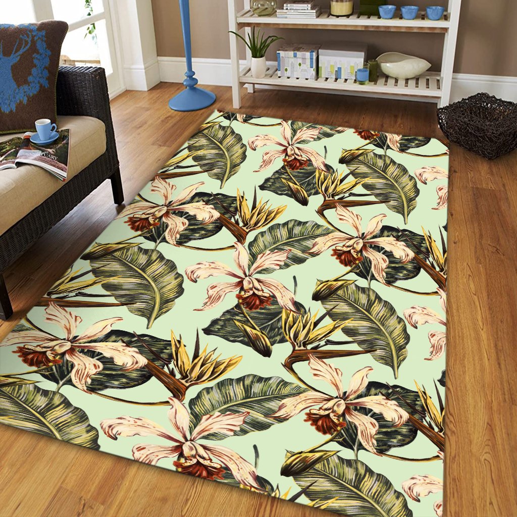 Hawaii Vintage Tropical Jungle Leaves Orchid Bird Area Rug - AH - Polynesian Pride