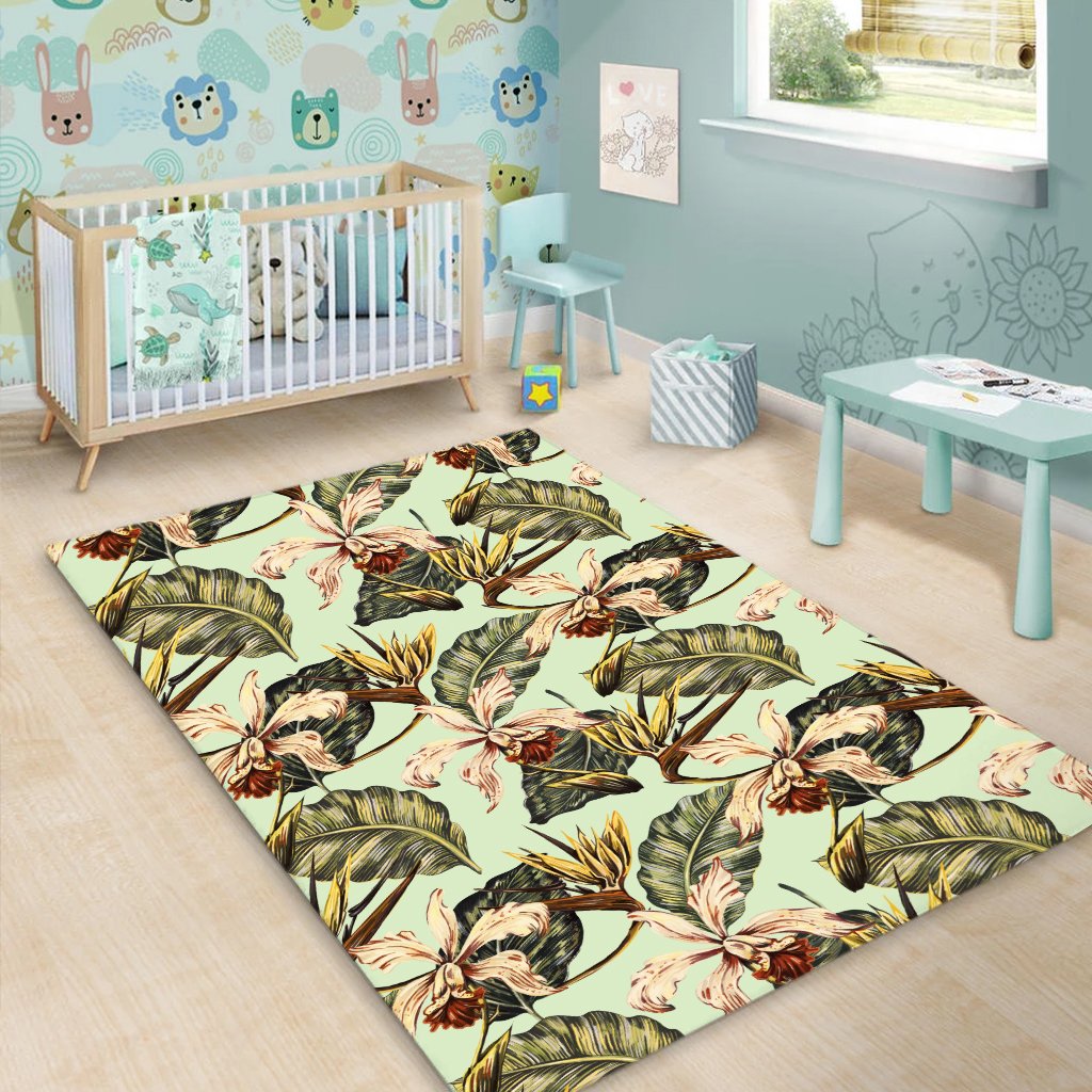 Hawaii Vintage Tropical Jungle Leaves Orchid Bird Area Rug - AH - Polynesian Pride