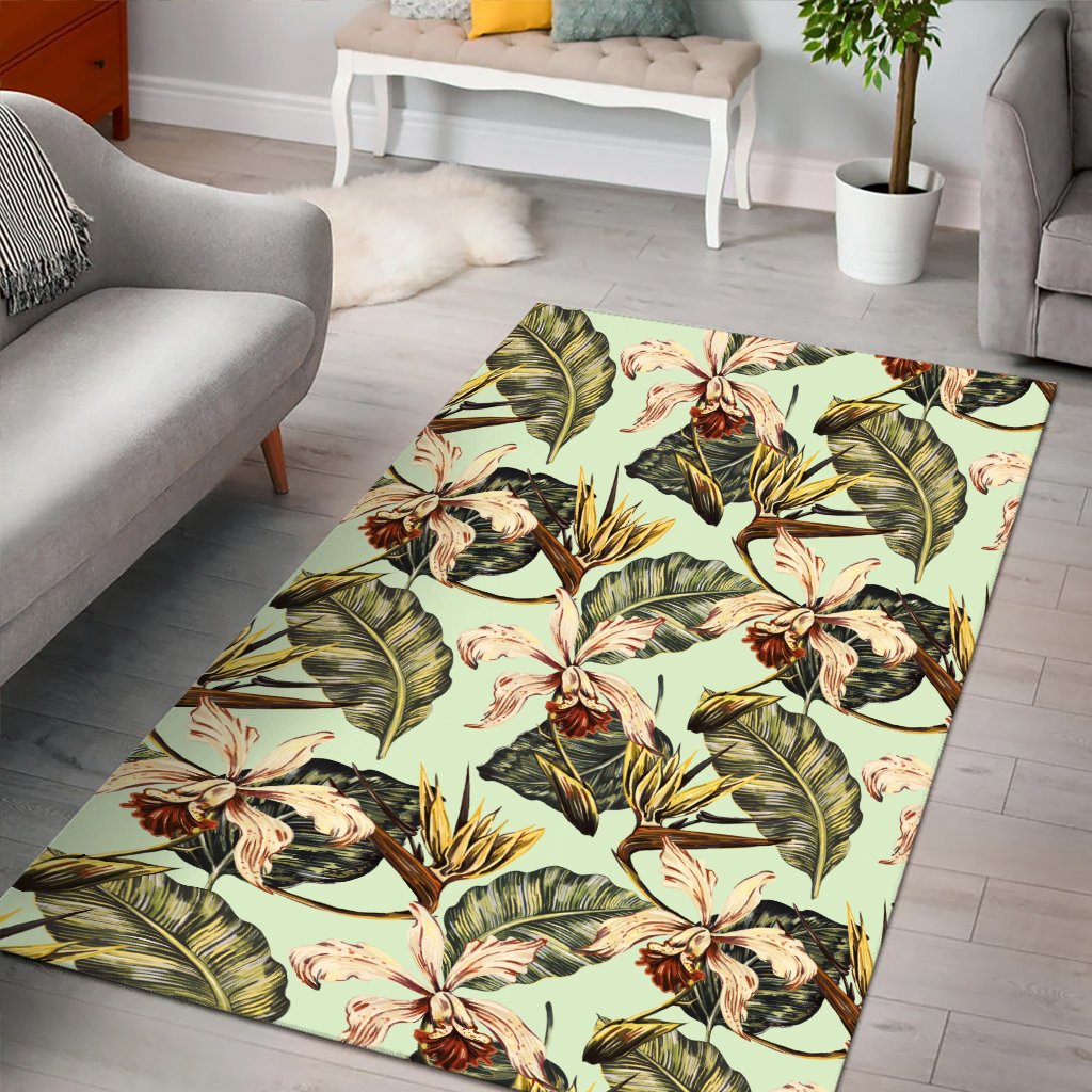Hawaii Vintage Tropical Jungle Leaves Orchid Bird Area Rug - AH - Polynesian Pride
