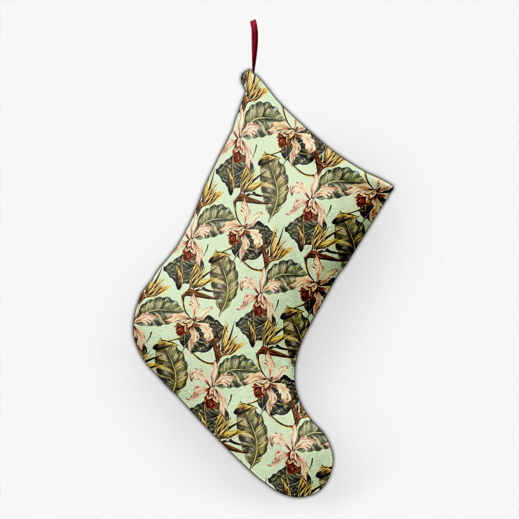 Hawaii Vintage Tropical Jungle Leaves Orchid Bird Christmas Stocking 26 X 42 cm Black Christmas Stocking - Polynesian Pride