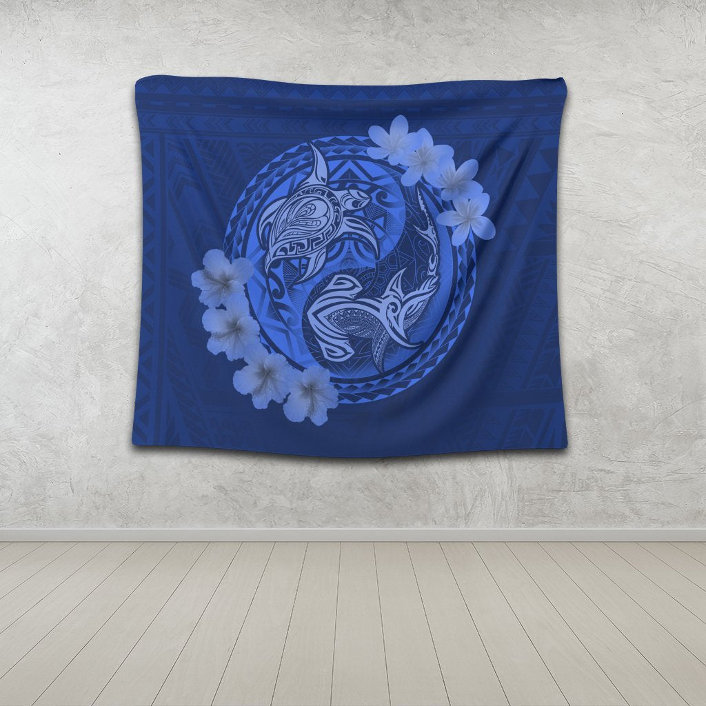 Hawaii Yin Yang Turtle Shark Hibiscus Plumeria Tapestry - Blue - AH - Polynesian Pride