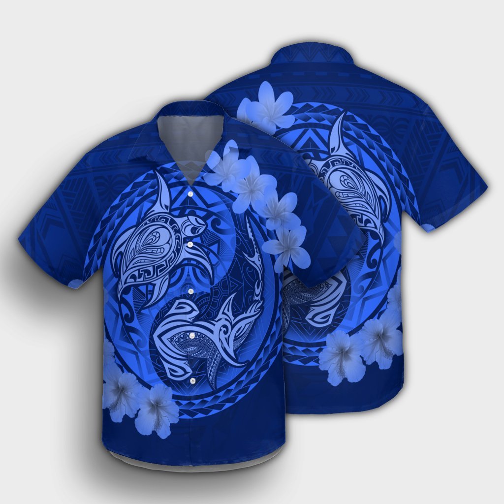 Hawaii Yin Yang Turtle Shark Hibiscus Plumeria Hawaiian Shirt - Blue - AH - Polynesian Pride
