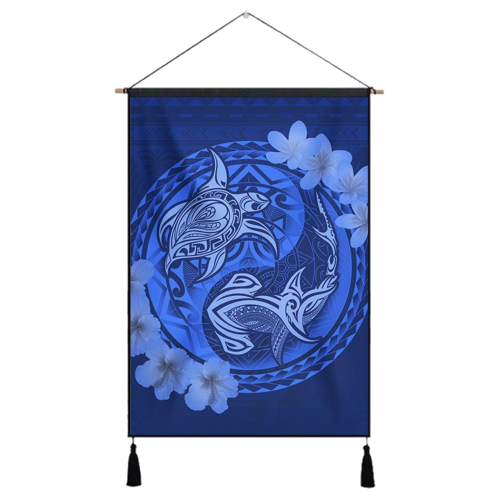Hawaii Yin Yang Turtle Shark Hibiscus Plumeria Hanging Poster - Blue - AH Hanging Poster Cotton And Linen - Polynesian Pride