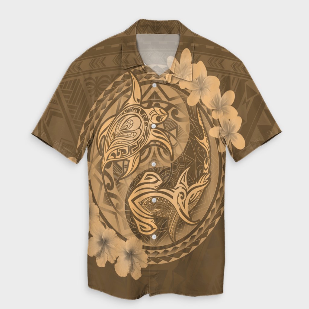 Hawaii Yin Yang Turtle Shark Hibiscus Plumeria Hawaiian Shirt - Gold - AH Unisex Black - Polynesian Pride