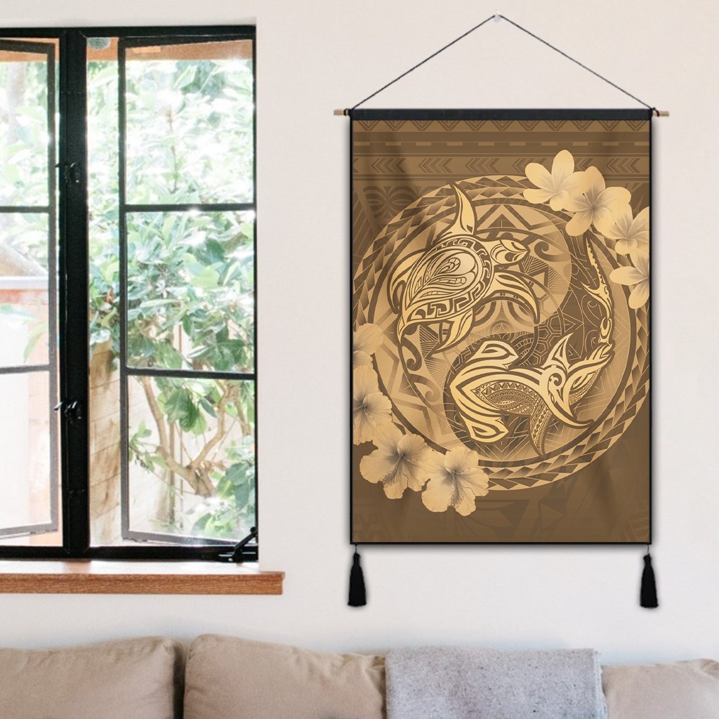 Hawaii Yin Yang Turtle Shark Hibiscus Plumeria Hanging Poster - Gold - AH - Polynesian Pride