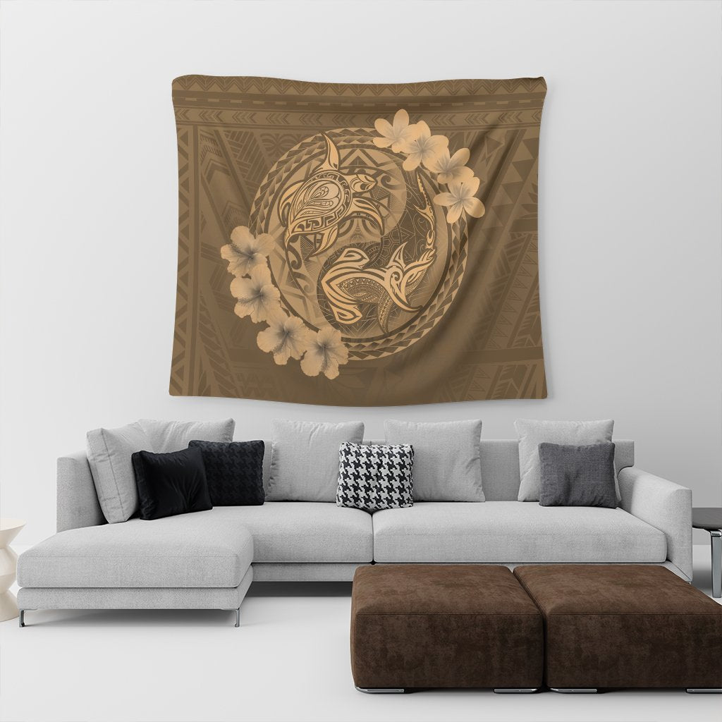 Hawaii Yin Yang Turtle Shark Hibiscus Plumeria Tapestry - Gold - AH - Polynesian Pride