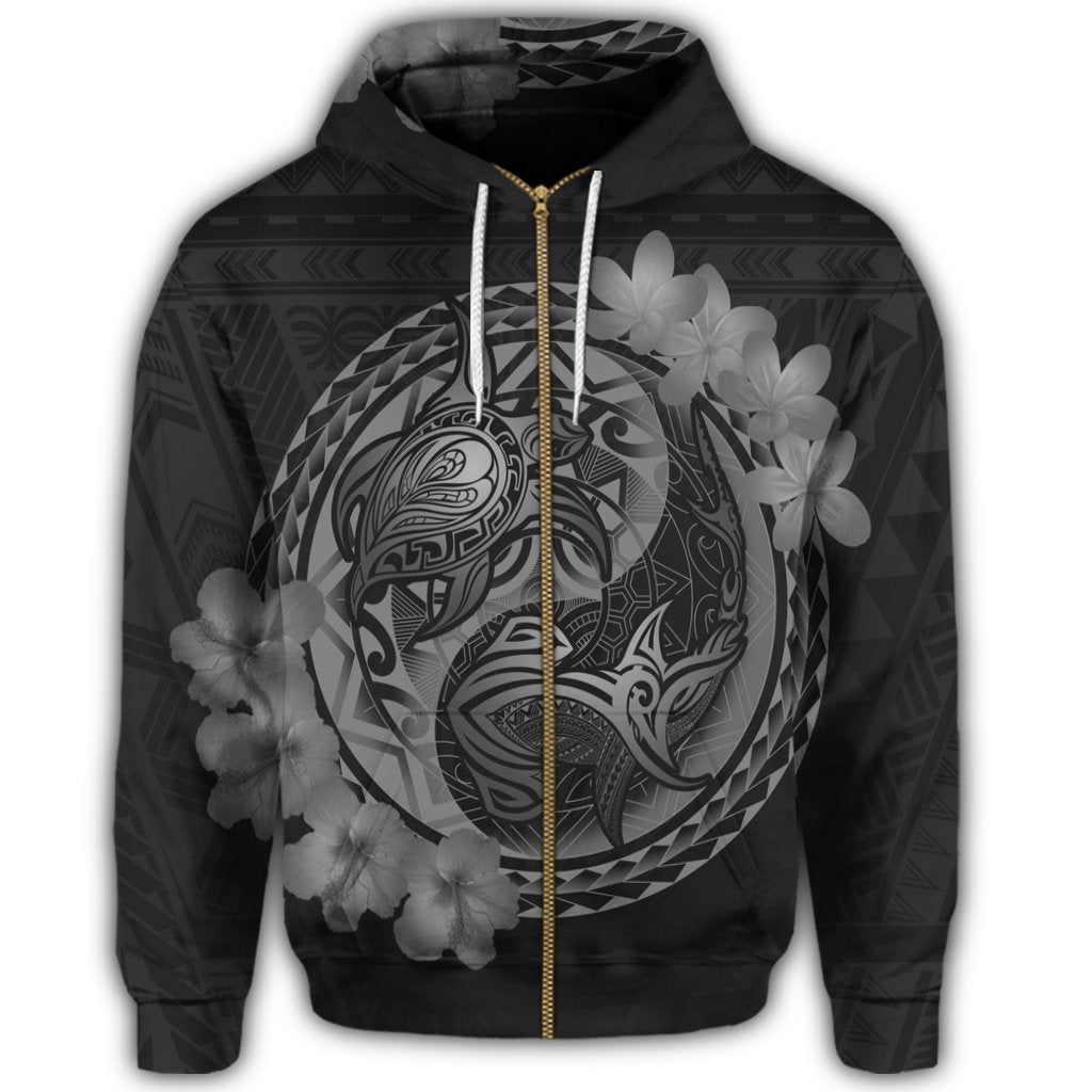 Hawaii Yin Yang Turtle Shark Hibiscus Plumeria Zip Hoodie Gray - Polynesian Pride