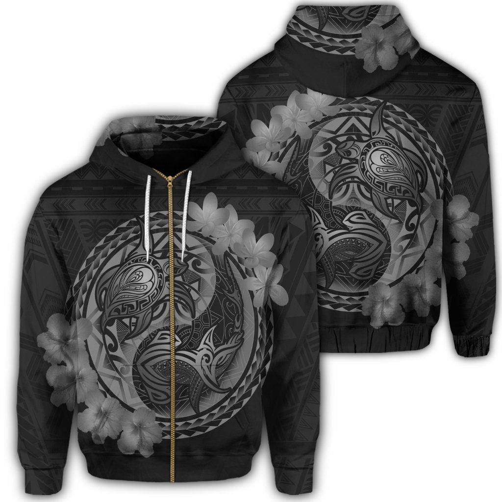 Hawaii Yin Yang Turtle Shark Hibiscus Plumeria Zip Hoodie Gray Unisex Art - Polynesian Pride