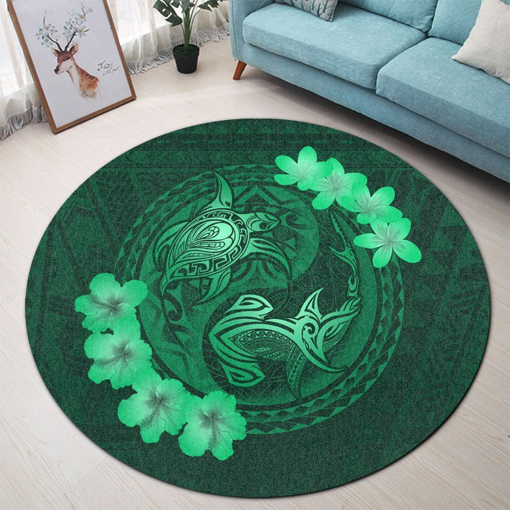 Hawaii Yin Yang Turtle Shark Hibiscus Plumeria Round Carpet - Green - AH - Polynesian Pride