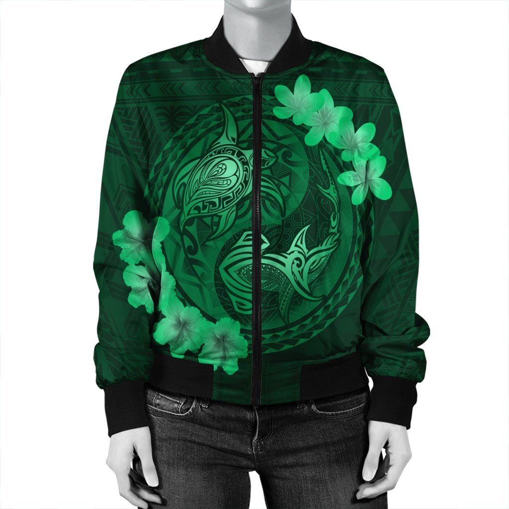 Hawaii Yin Yang Turtle Shark Hibiscus Plumeria Bomber Jacket - Green - AH - Polynesian Pride