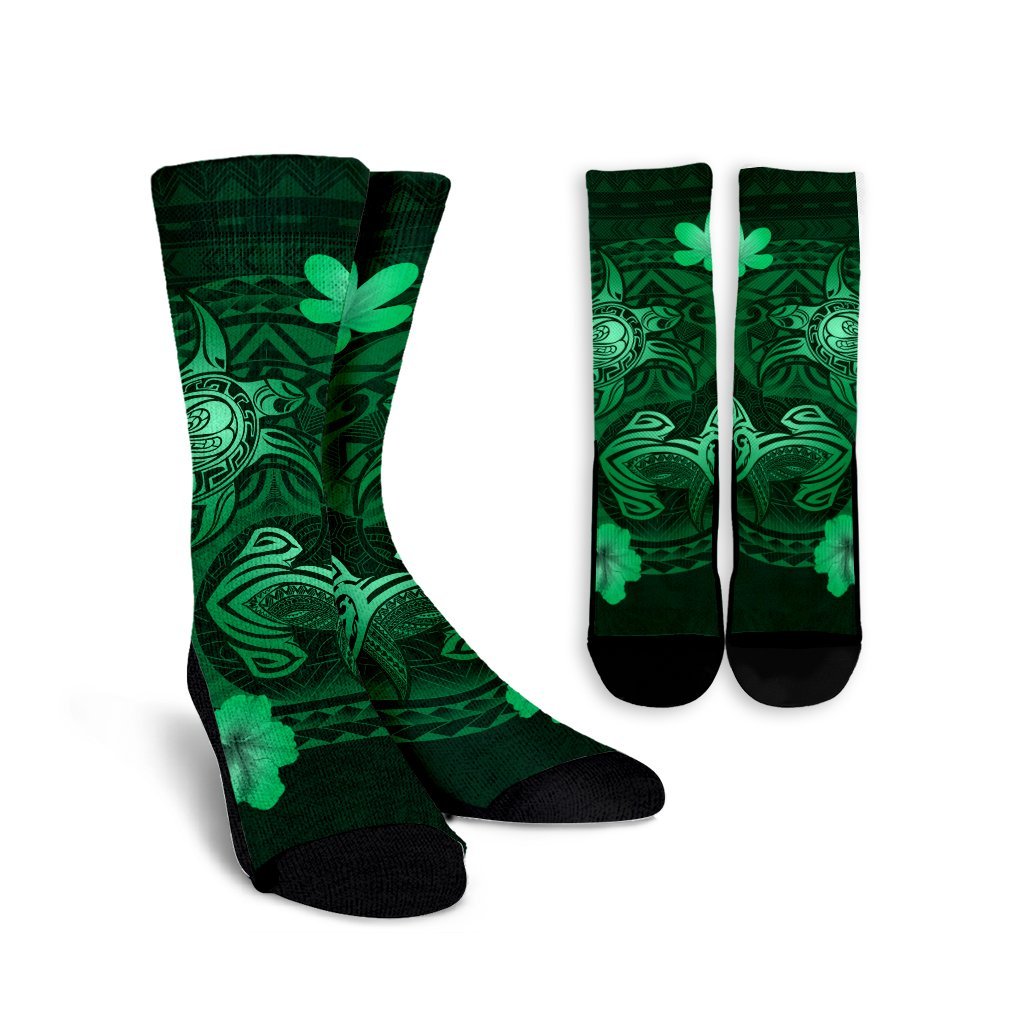 Hawaii Yin Yang Turtle Shark Hibiscus Plumeria Crew Socks - Green - AH Crew Socks White - Polynesian Pride