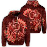Hawaii Yin Yang Turtle Shark Hibiscus Plumeria Zip Hoodie Orange Unisex Art - Polynesian Pride