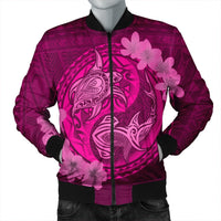 Hawaii Yin Yang Turtle Shark Hibiscus Plumeria Bomber Jacket - Pink - AH Black Unisex - Polynesian Pride