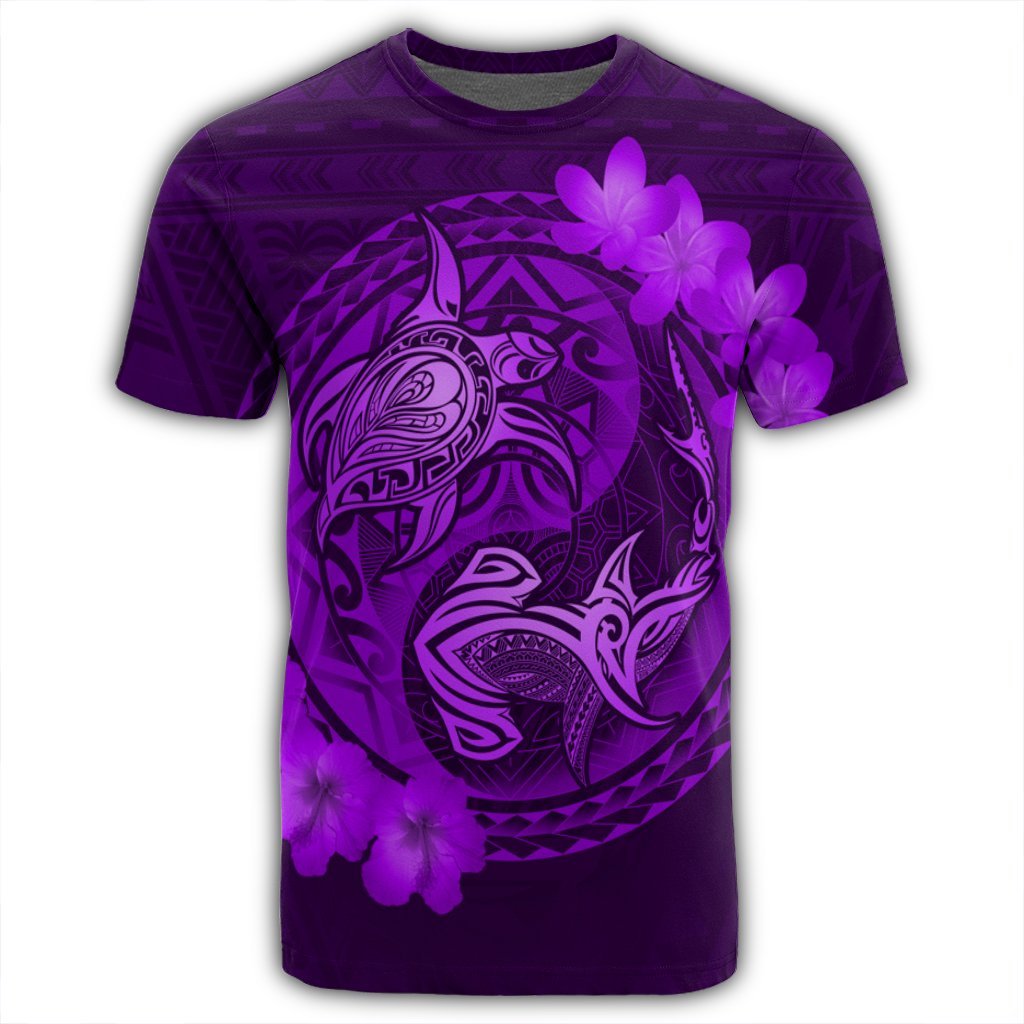 Hawaii Yin Yang Turtle Shark Hibiscus Plumeria T Shirt Purple - Polynesian Pride