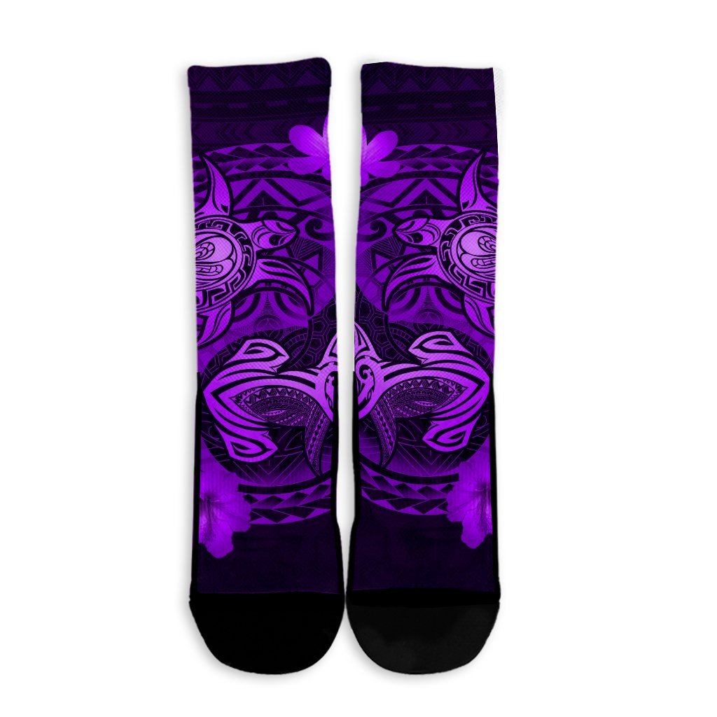 Hawaii Yin Yang Turtle Shark Hibiscus Plumeria Crew Socks - Purple - AH - Polynesian Pride