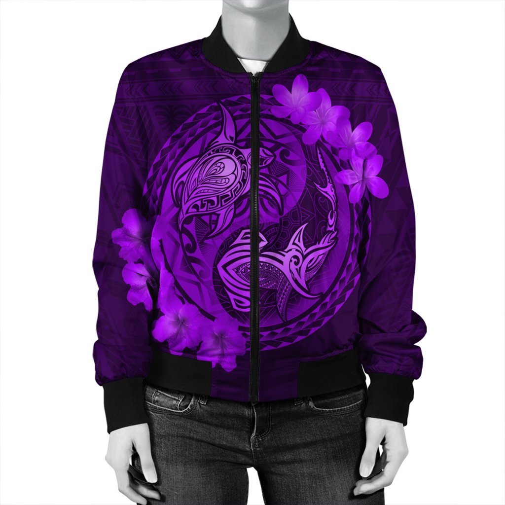 Hawaii Yin Yang Turtle Shark Hibiscus Plumeria Bomber Jacket - Purple - AH - Polynesian Pride