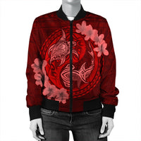 Hawaii Yin Yang Turtle Shark Hibiscus Plumeria Bomber Jacket - Red - AH - Polynesian Pride