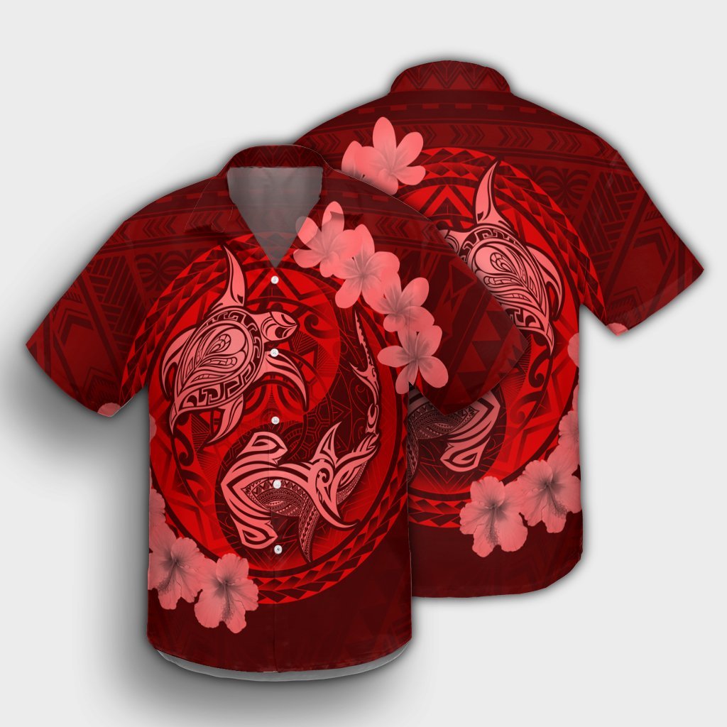 Hawaii Yin Yang Turtle Shark Hibiscus Plumeria Hawaiian Shirt - Red - AH - Polynesian Pride