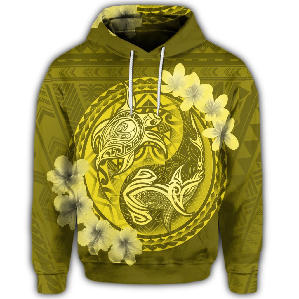 Hawaiian Yin Yang Turtle Shark Hibiscus Plumeria Hoodie Yellow - Polynesian Pride