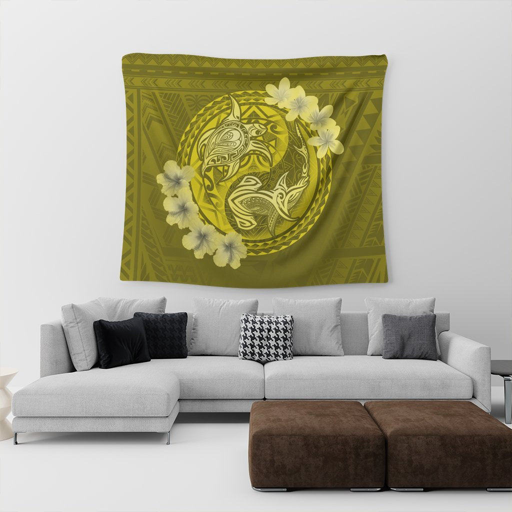 Hawaii Yin Yang Turtle Shark Hibiscus Plumeria Tapestry - Yellow - AH - Polynesian Pride