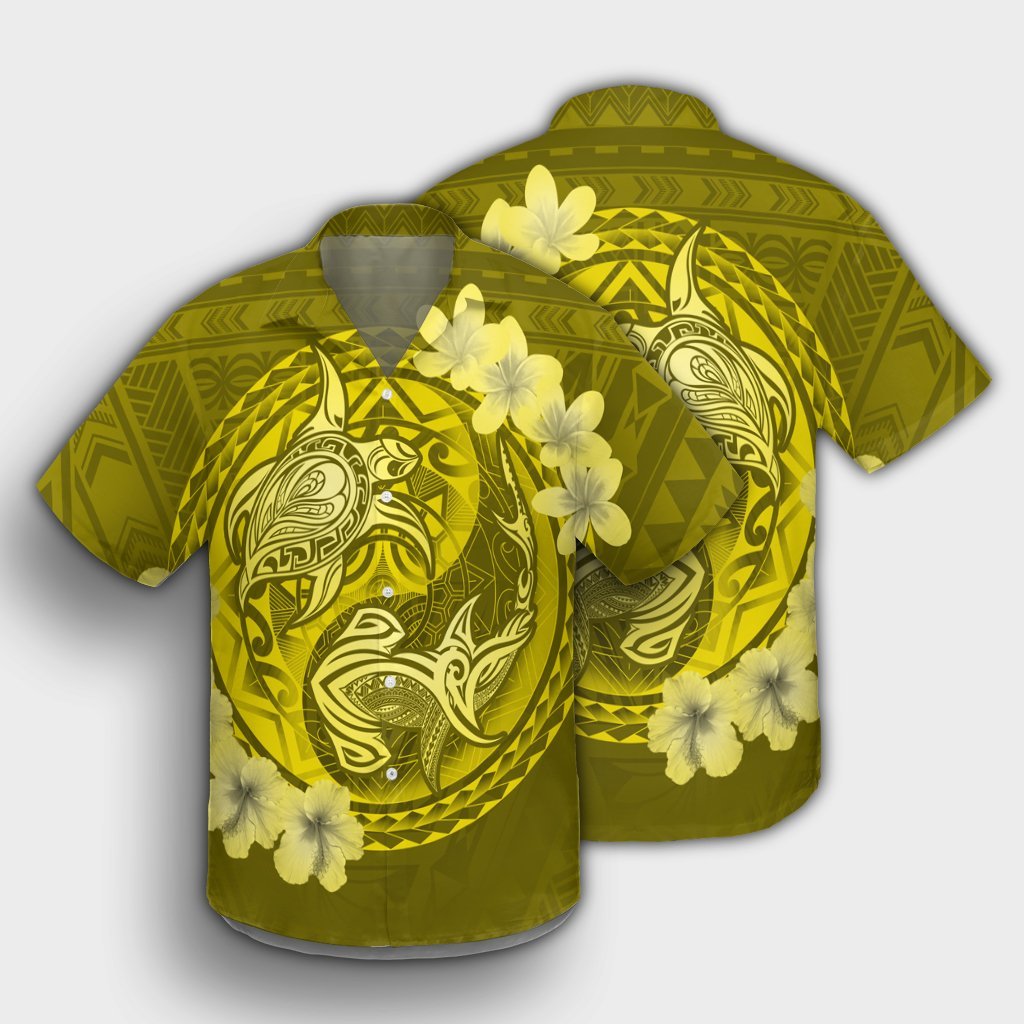 Hawaii Yin Yang Turtle Shark Hibiscus Plumeria Hawaiian Shirt - Yellow - AH - Polynesian Pride