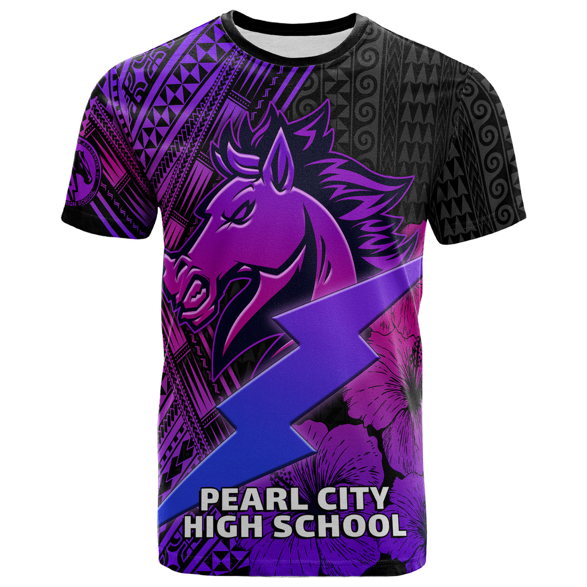 Hawaii Custom T Shirt Pearl City High School Horse and Thunder Hibiscus Polynesian LT10 Purple - Polynesian Pride