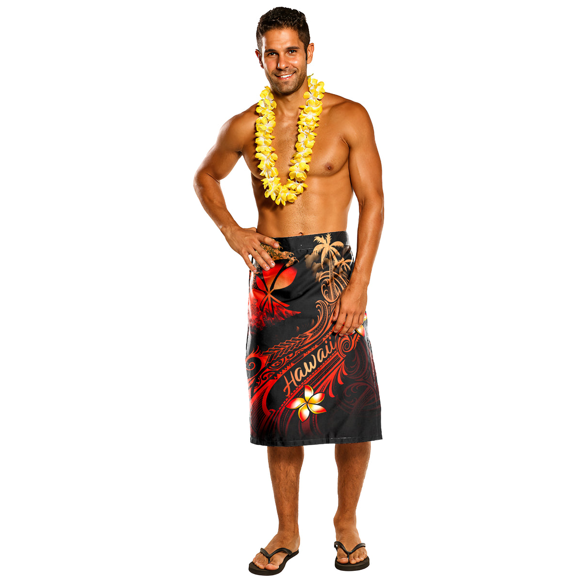 Hawaii Lavalava - Plumeria Flowers And Waves One Size Black - Polynesian Pride