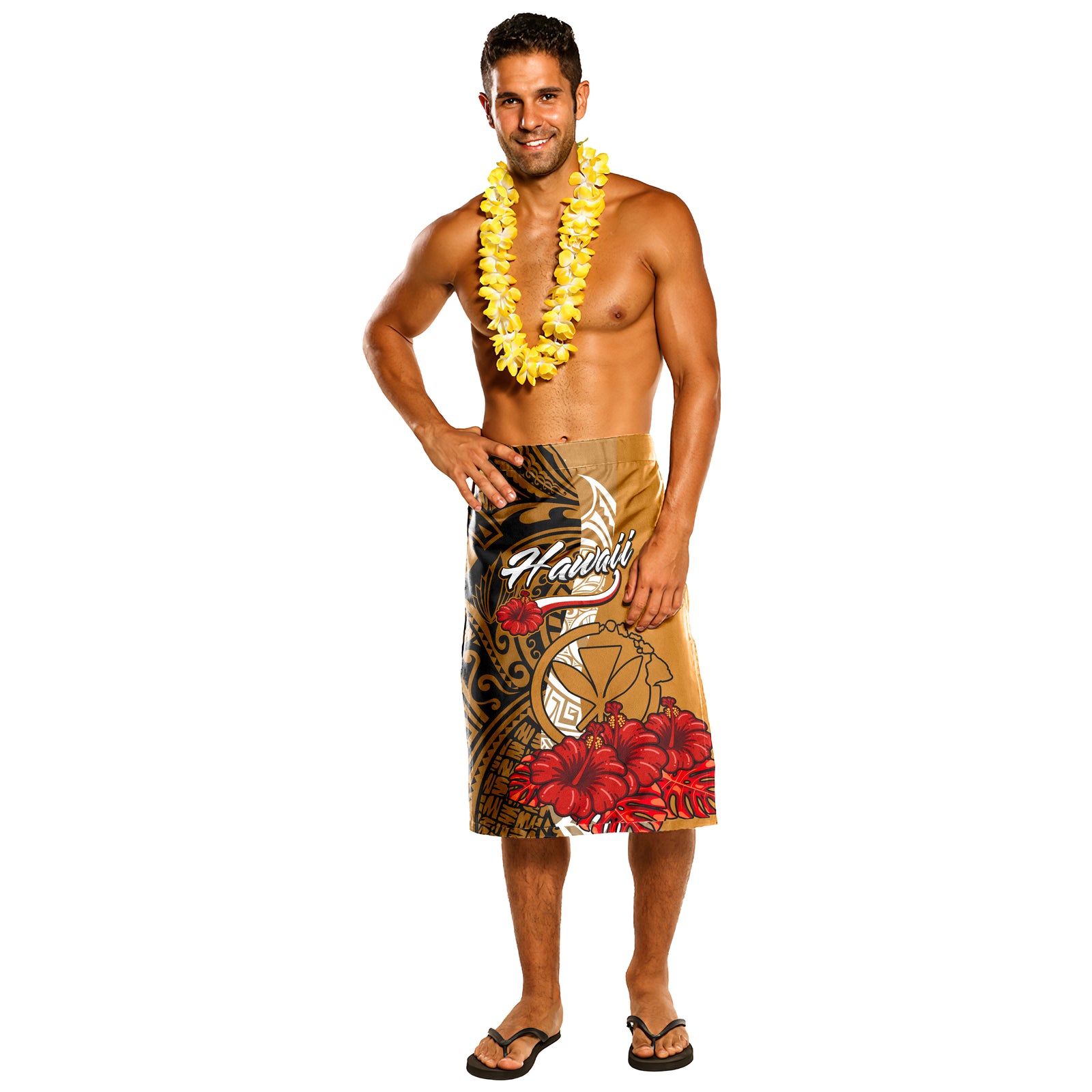 Hawaii Polynesian Lavalava - Coat Of Arms With Hibiscus Gold One Size Black - Polynesian Pride