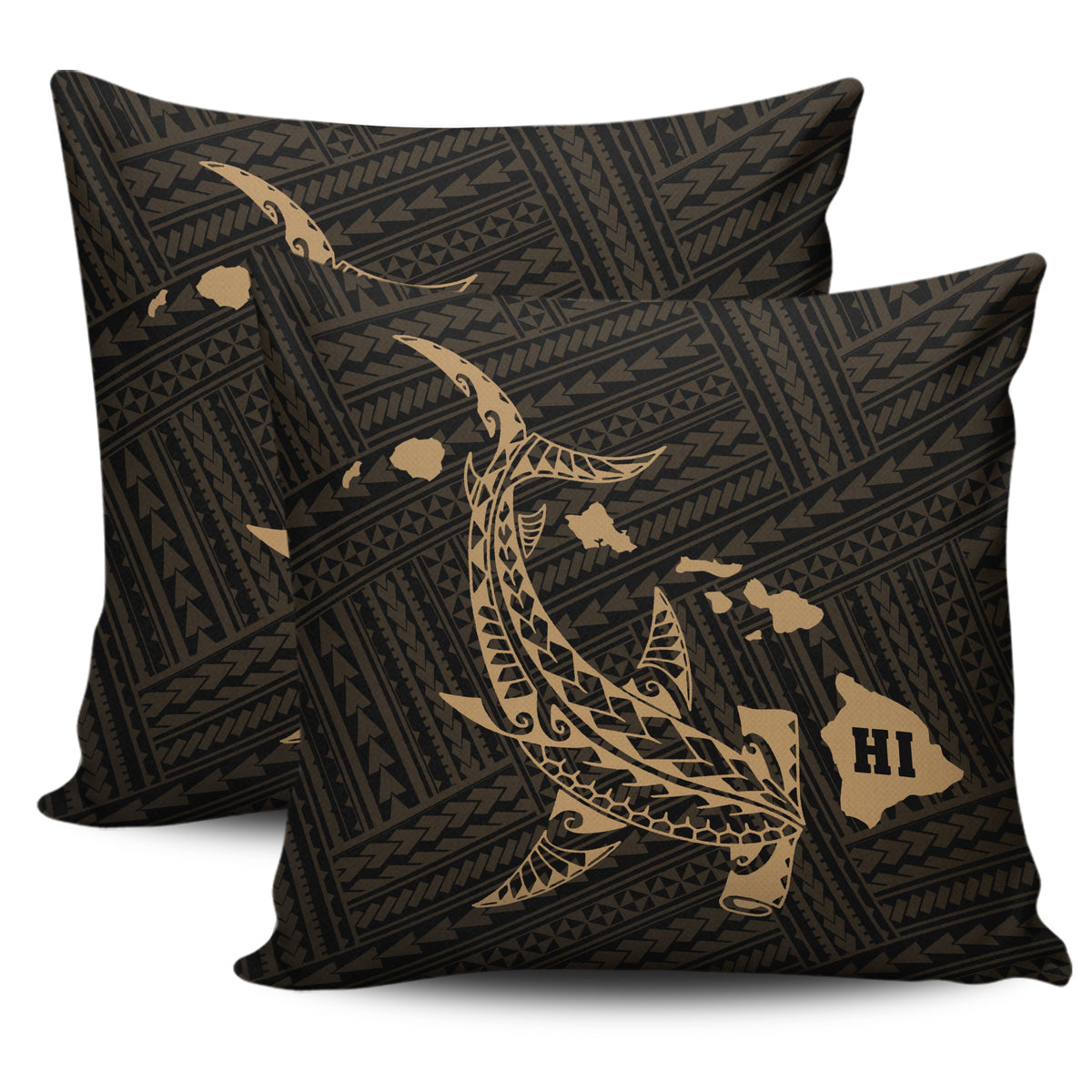 Hawaii Shark Gold Polynesian Pillow Covers One Size Zippered Pillow Cases 18"x 18" (Twin Sides) (Set of 2) Gold - Polynesian Pride