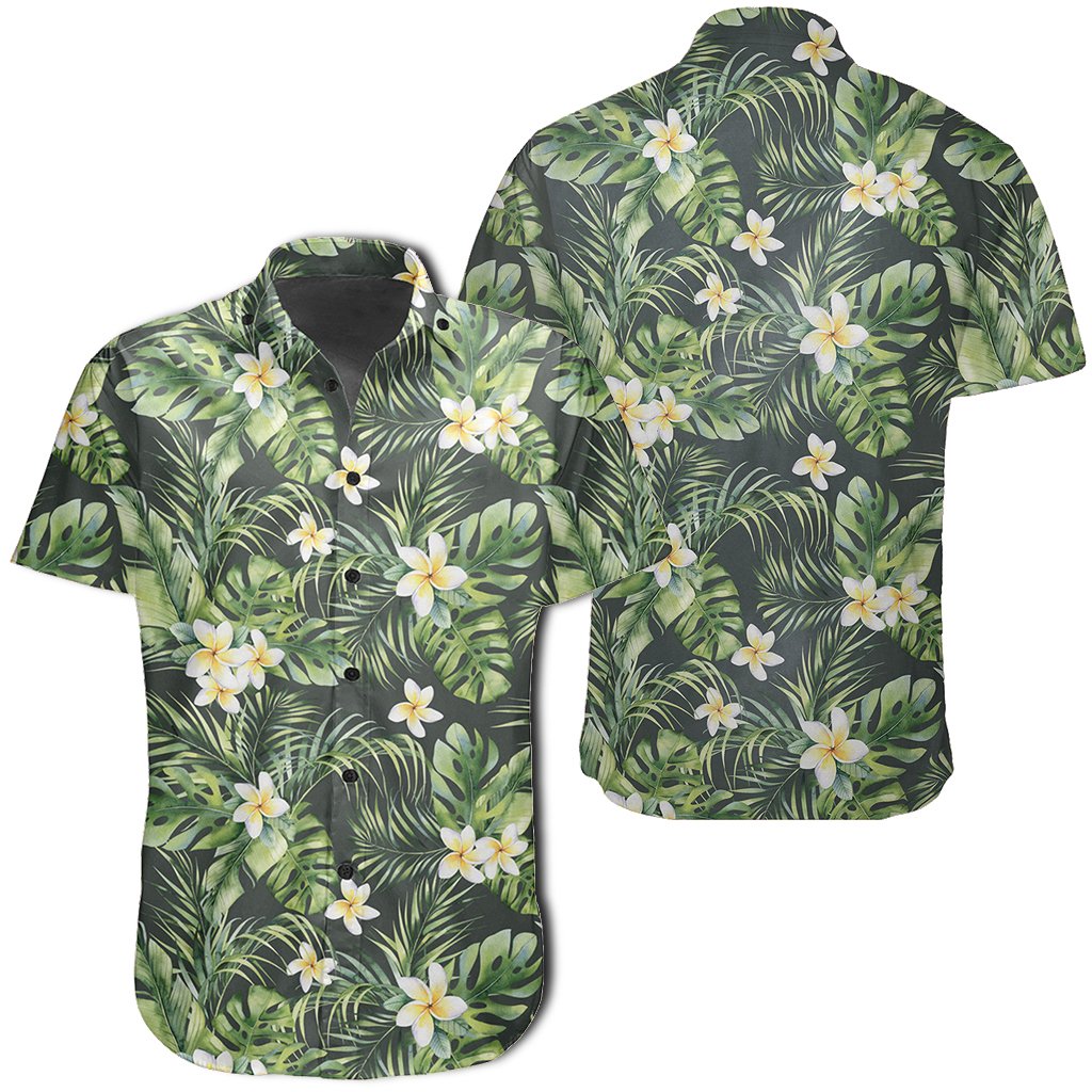 Hawaiian Shirt - Summer Plumerias Flowers Palm Tree Monstera Leaves Shirt Unisex Black - Polynesian Pride