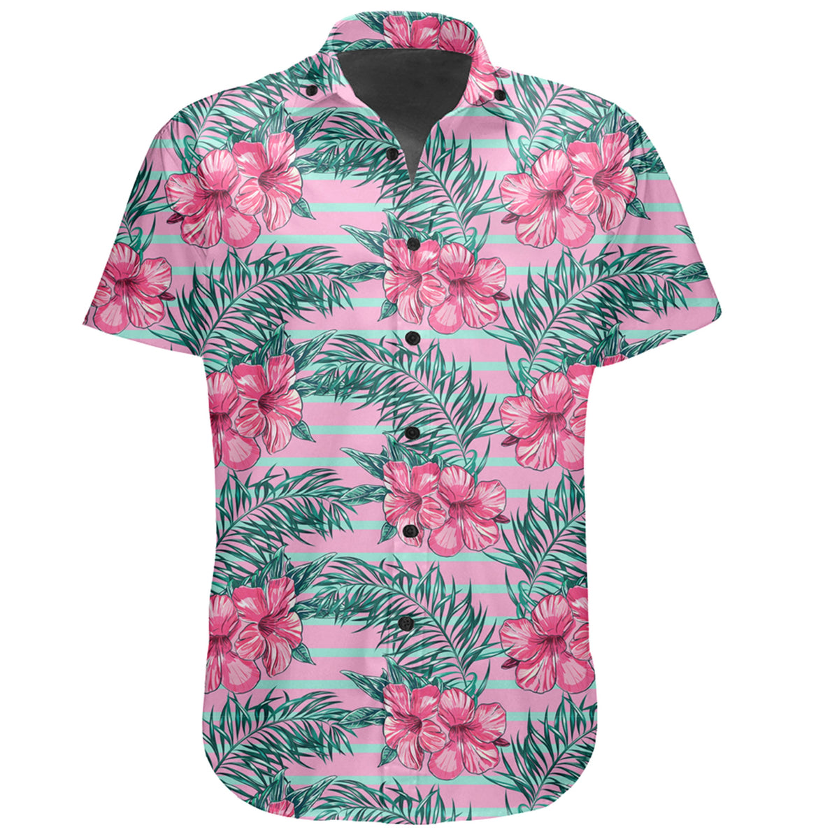 Hawaiian Shirt - Tropical Flowers Palm Leaves Hibiscus Strips Shirt - Polynesian Pride