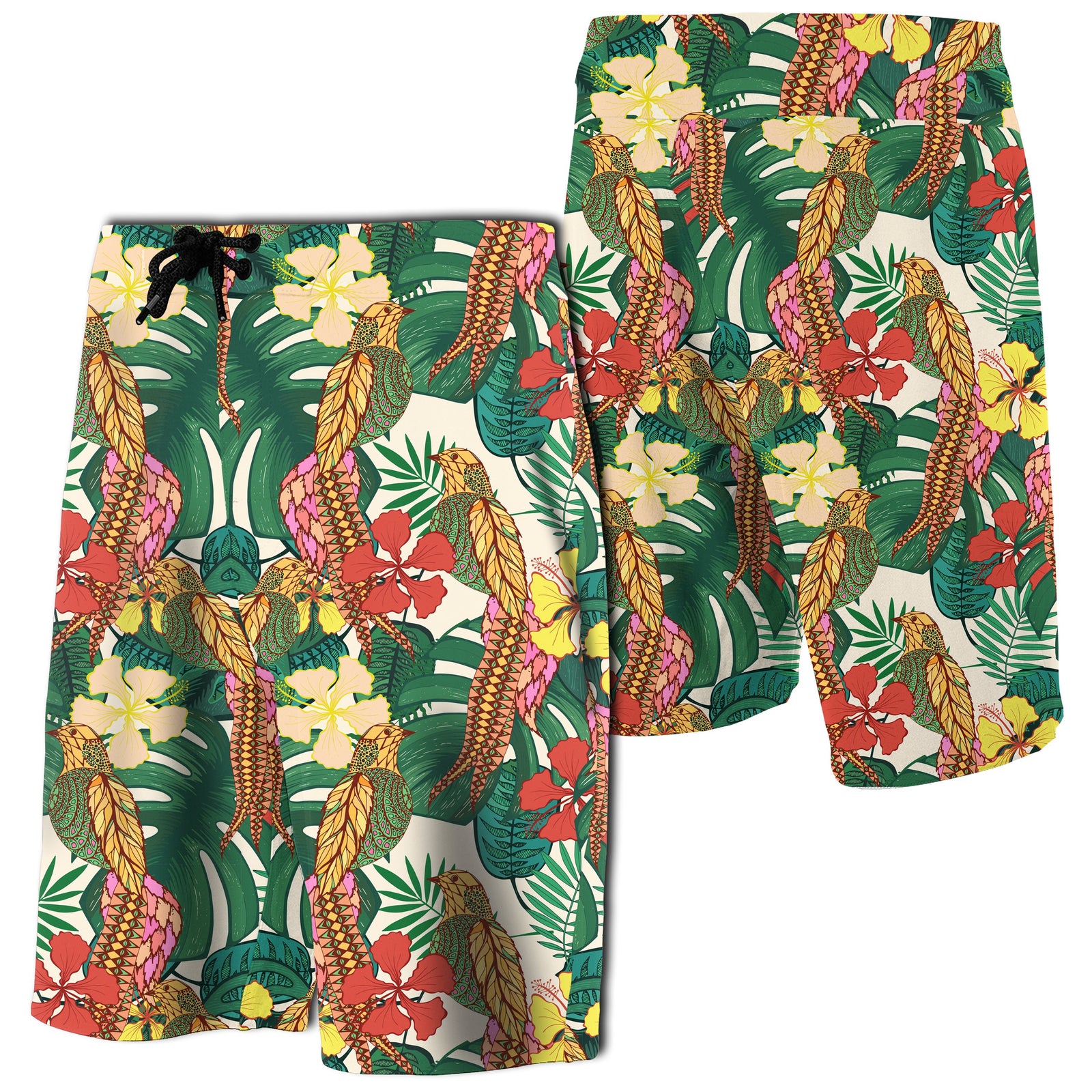 Hawaii Tropical Leaves Flowers And Birds Floral Board Shorts Men Green - Polynesian Pride