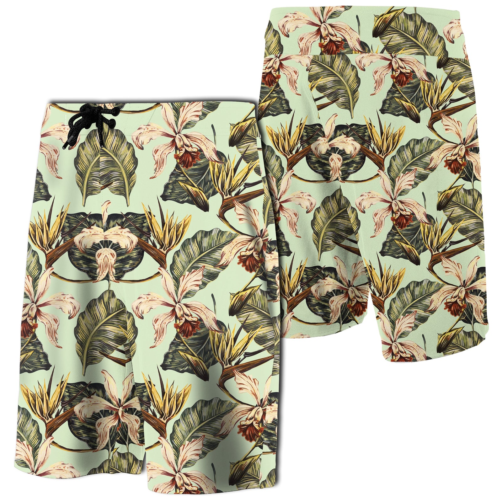 Hawaii Vintage Tropical Jungle Leaves Orchid Bird Board Shorts Men White - Polynesian Pride