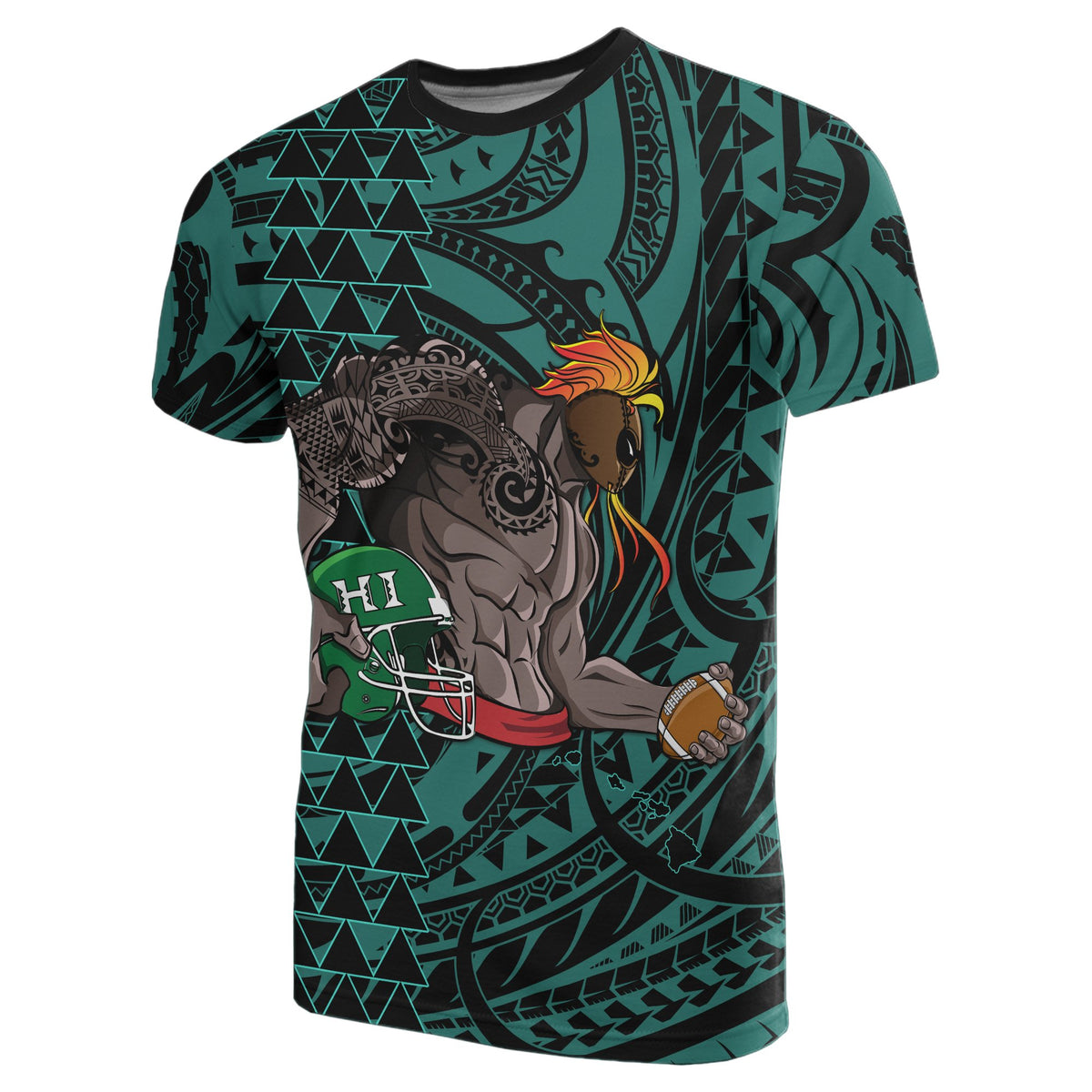Polynesian Kakau Turquoise Hawaii Warrior Football T Shirt - Polynesian Pride