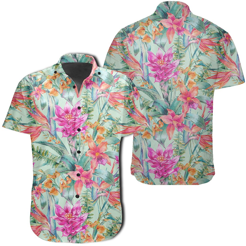 Hawaiian Shirt - Watercolor Vintage Floral Tropical Bird of Paradise Shirt Unisex Black - Polynesian Pride