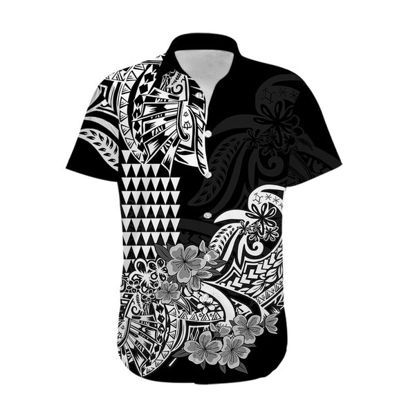 Personalised Maui Island Couples Matching Off The Shoulder Long Sleeve Dress and Hawaiian Shirt Kakau Tribal Mixed Polynesian Pattern Green LT9