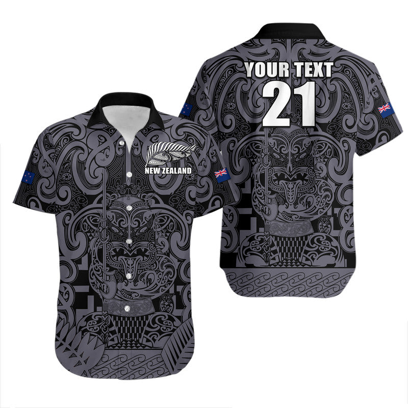 (Custom Text And Number) New Zealand Taiaha Maori Hawaiian Shirt Minimalist Silver Fern All Black LT9 Black - Polynesian Pride