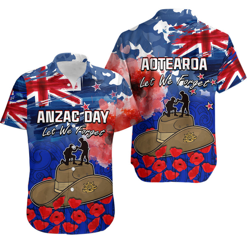 New Zealand ANZAC Day Hawaiian Shirt Grunge Aotearoa Flag and Red Poppy LT9 Blue - Polynesian Pride