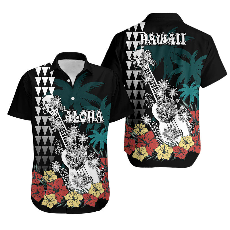 Hawaii Ukulele Mix Hibiscus and Coconut Tree Matching Dress and Hawaiian Shirt Aloha Vintage Black Version LT9 - Polynesian Pride